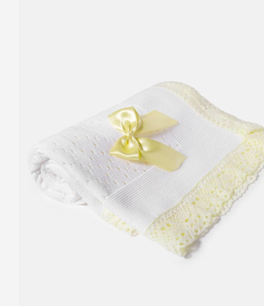 Baby Knitted Spanish Blanket with Bow - White & Yellow Lace