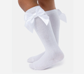 Baby Girl Knee Socks with Satin Double Bow - White & White