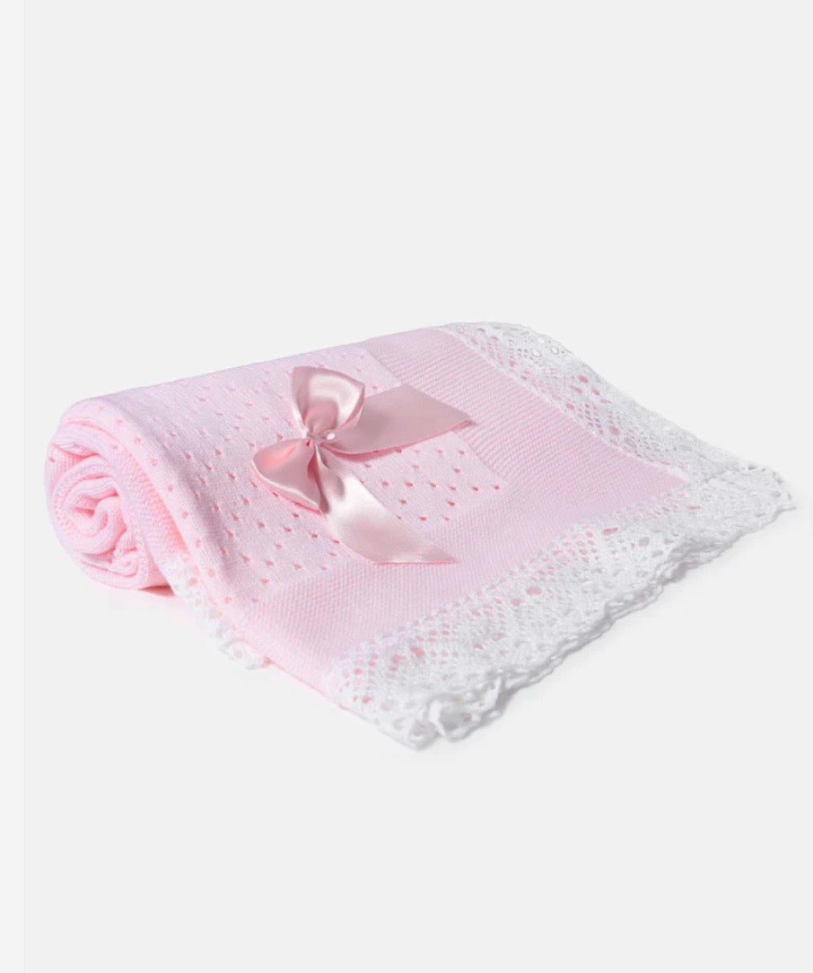 Knitted Spanish Blanket with Bow - Baby Pink