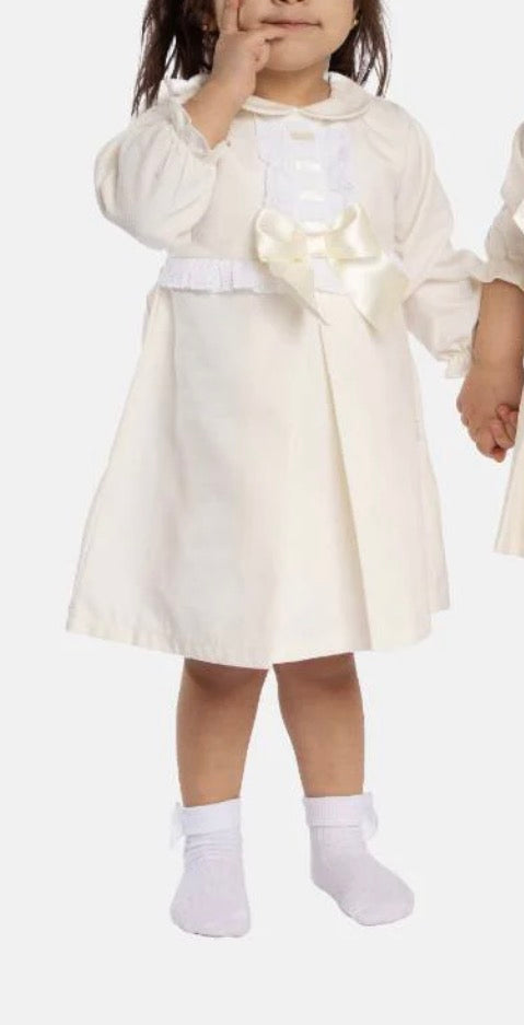 Baby Girl Classic Dress With Bow Long Sleeves - Cream