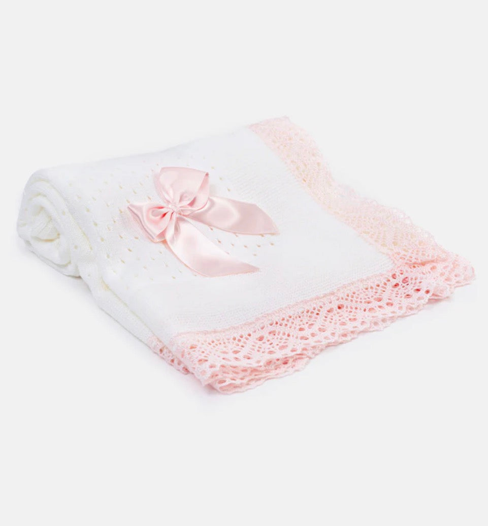Baby Open Dot Knitted Spanish Blanket with Bow - White & Baby Pink