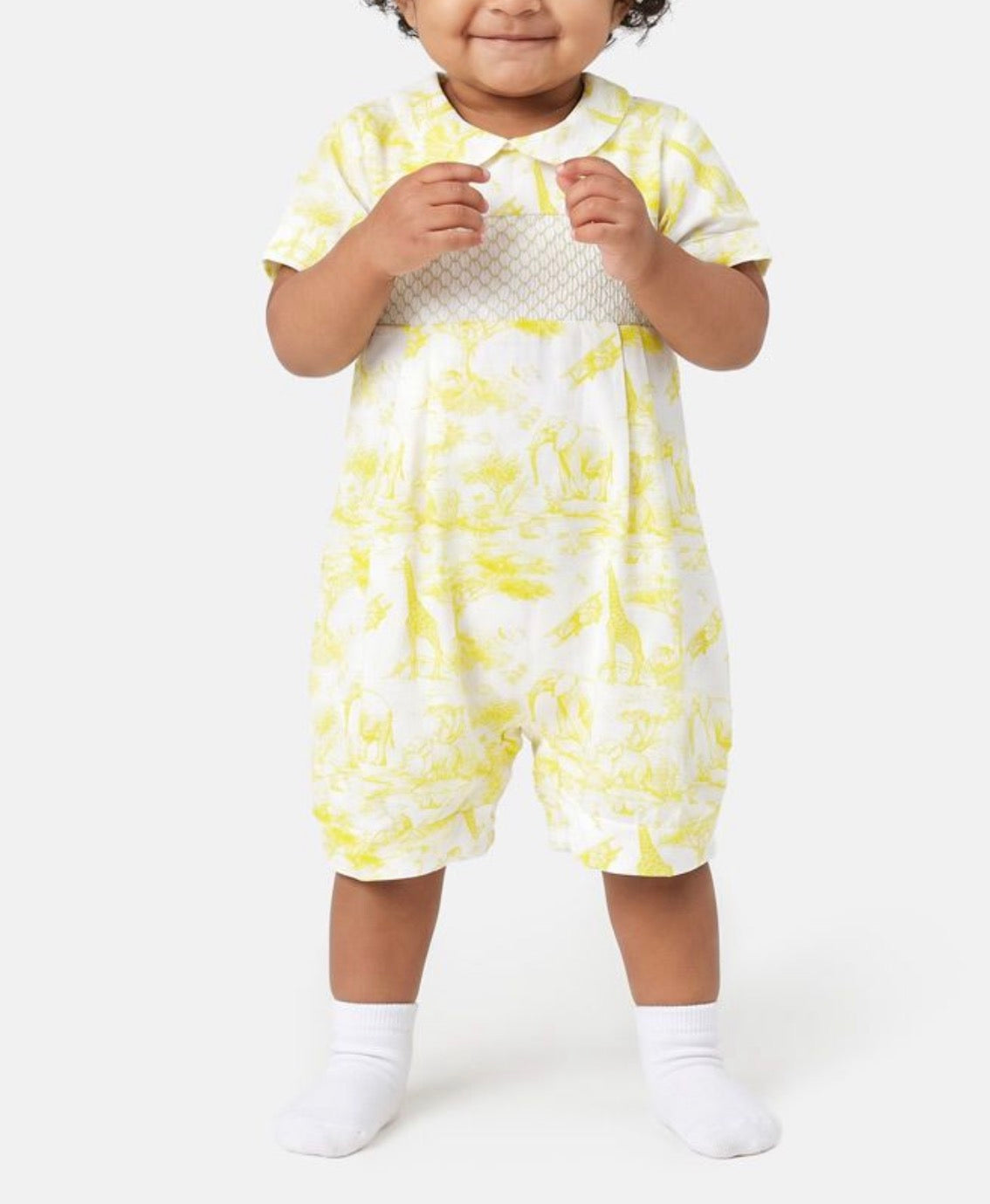 UNISEX - Safari Smocked Romper - Lemon