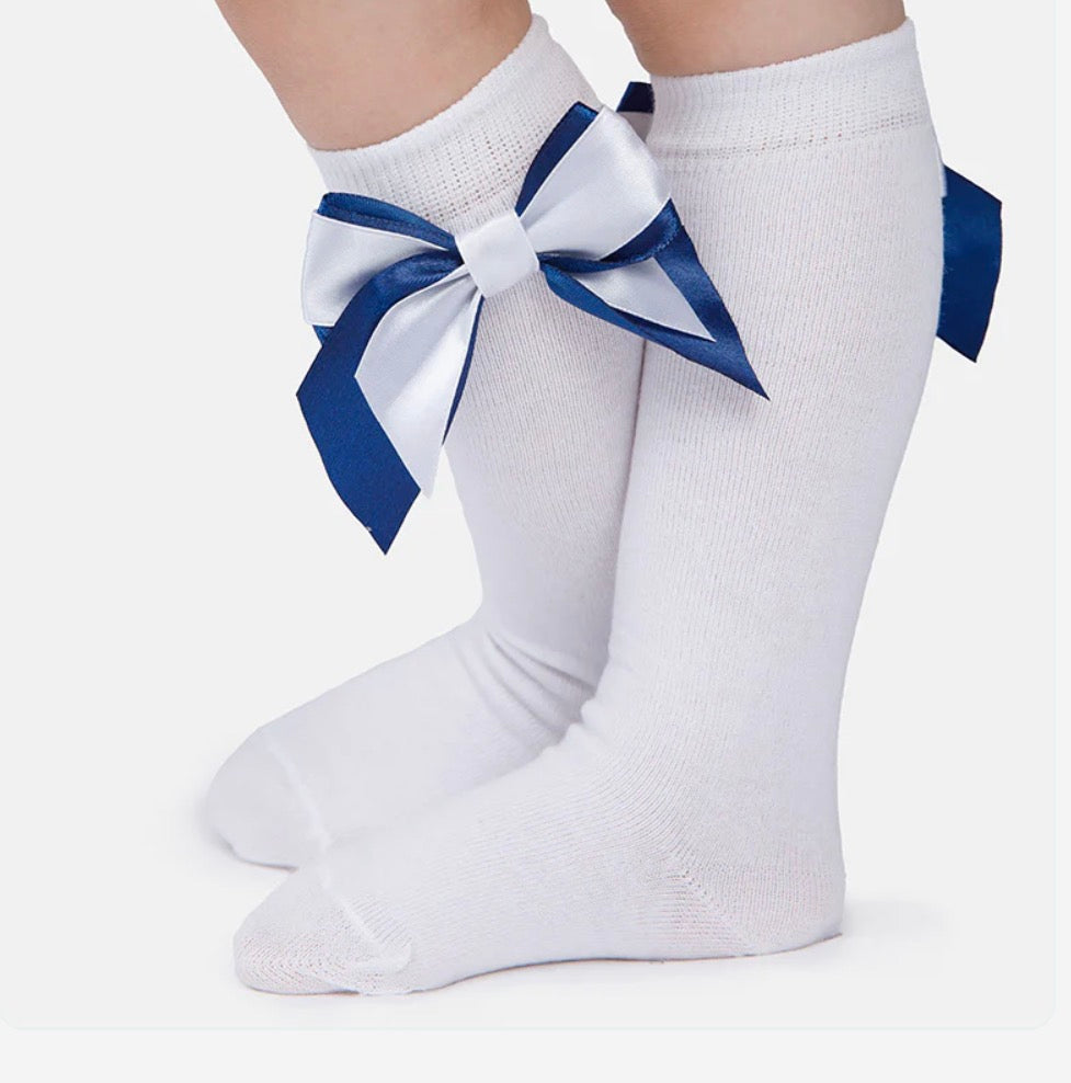Baby Girl Knee Socks with Satin Double Bow - White & Navy Blue