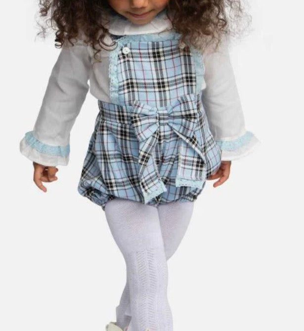 Baby Girl Tartan Romper Set with Bow and Lace-Baby Blue