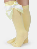 Baby Girl Knee Socks with Satin Double Bow - Lemon Yellow, Lemon Yellow & White