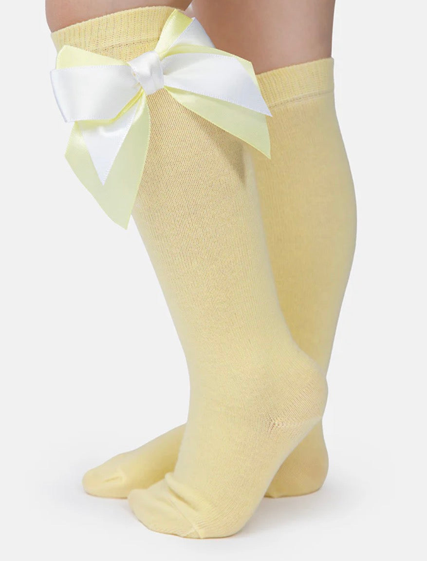 Baby Girl Knee Socks with Satin Double Bow - Lemon Yellow, Lemon Yellow & White