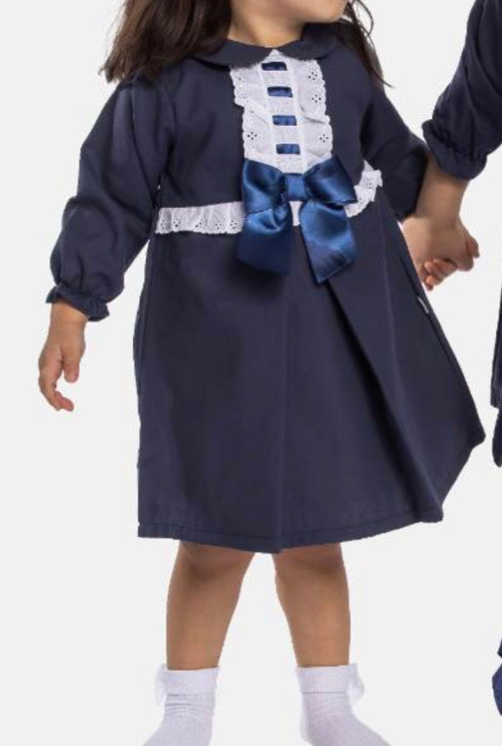Baby Girl Classic Dress With Bow Long Sleeves - Navy Blue