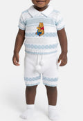 Baby Boy 2-piece Knitted Set with Winnie Embroidery - White & Baby Blue