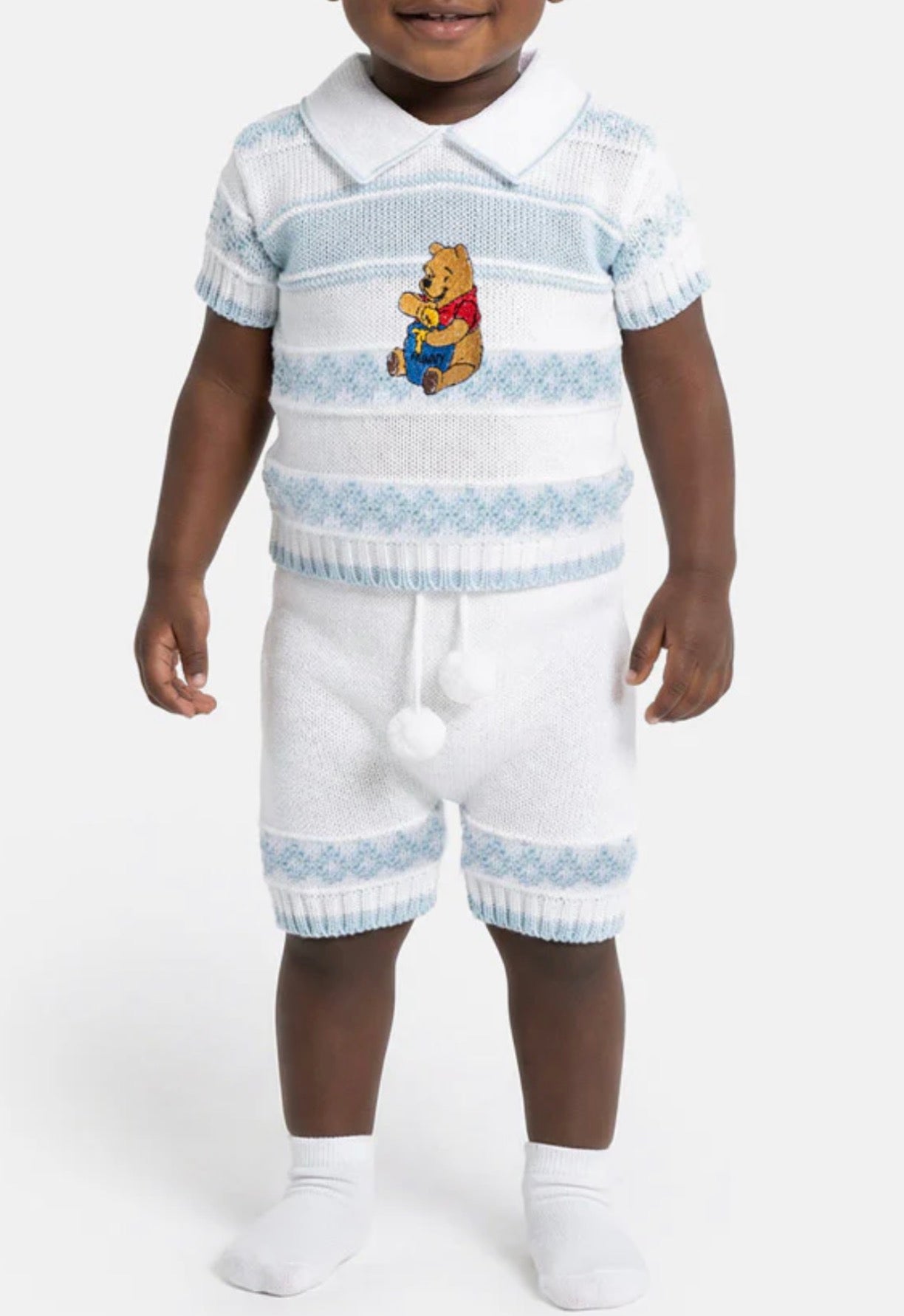 Baby Boy 2-piece Knitted Set with Winnie Embroidery - White & Baby Blue