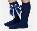 Baby Girl Knee Socks with Satin Double Bow - Navy Blue & White