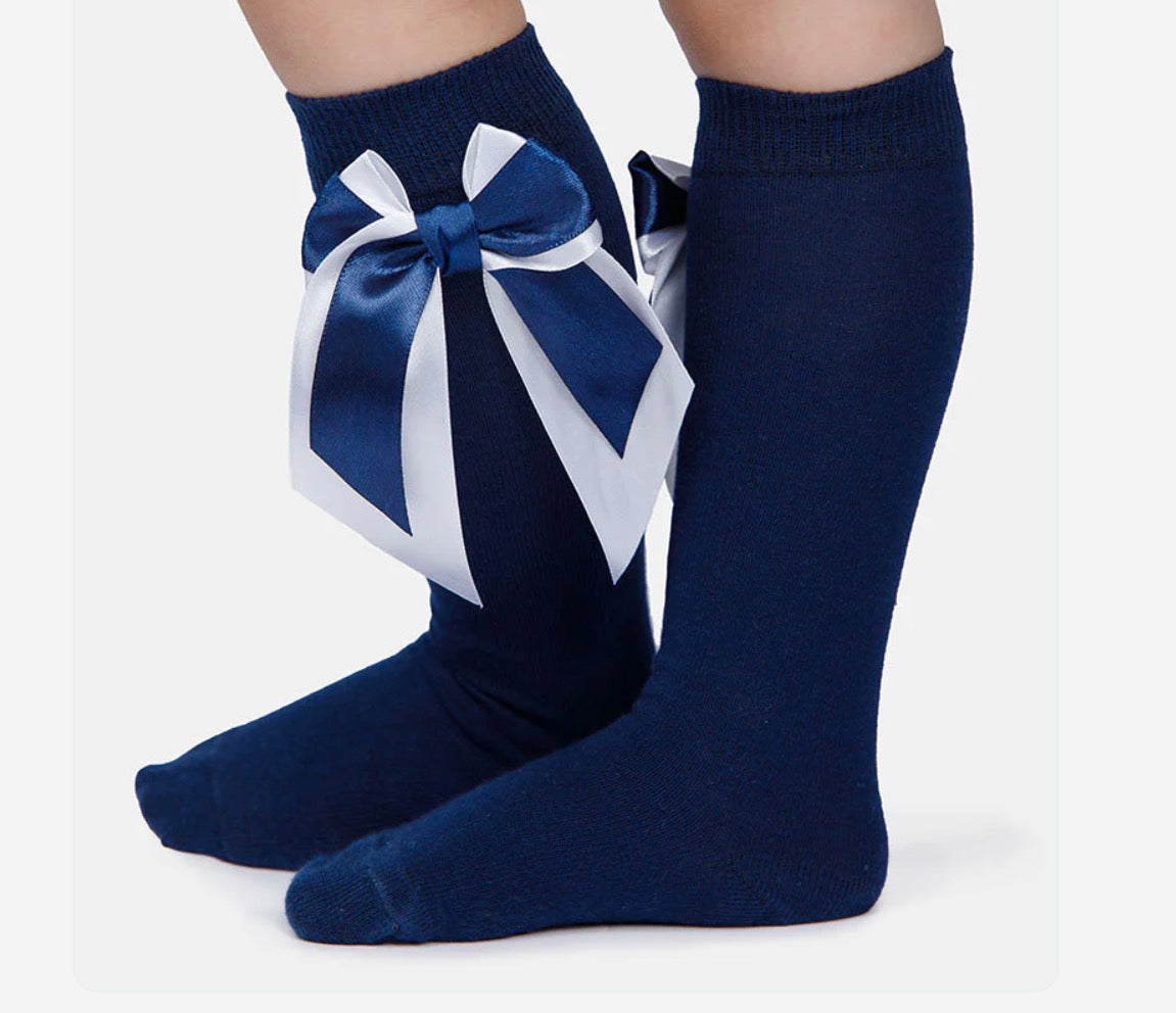 Baby Girl Knee Socks with Satin Double Bow - Navy Blue & White