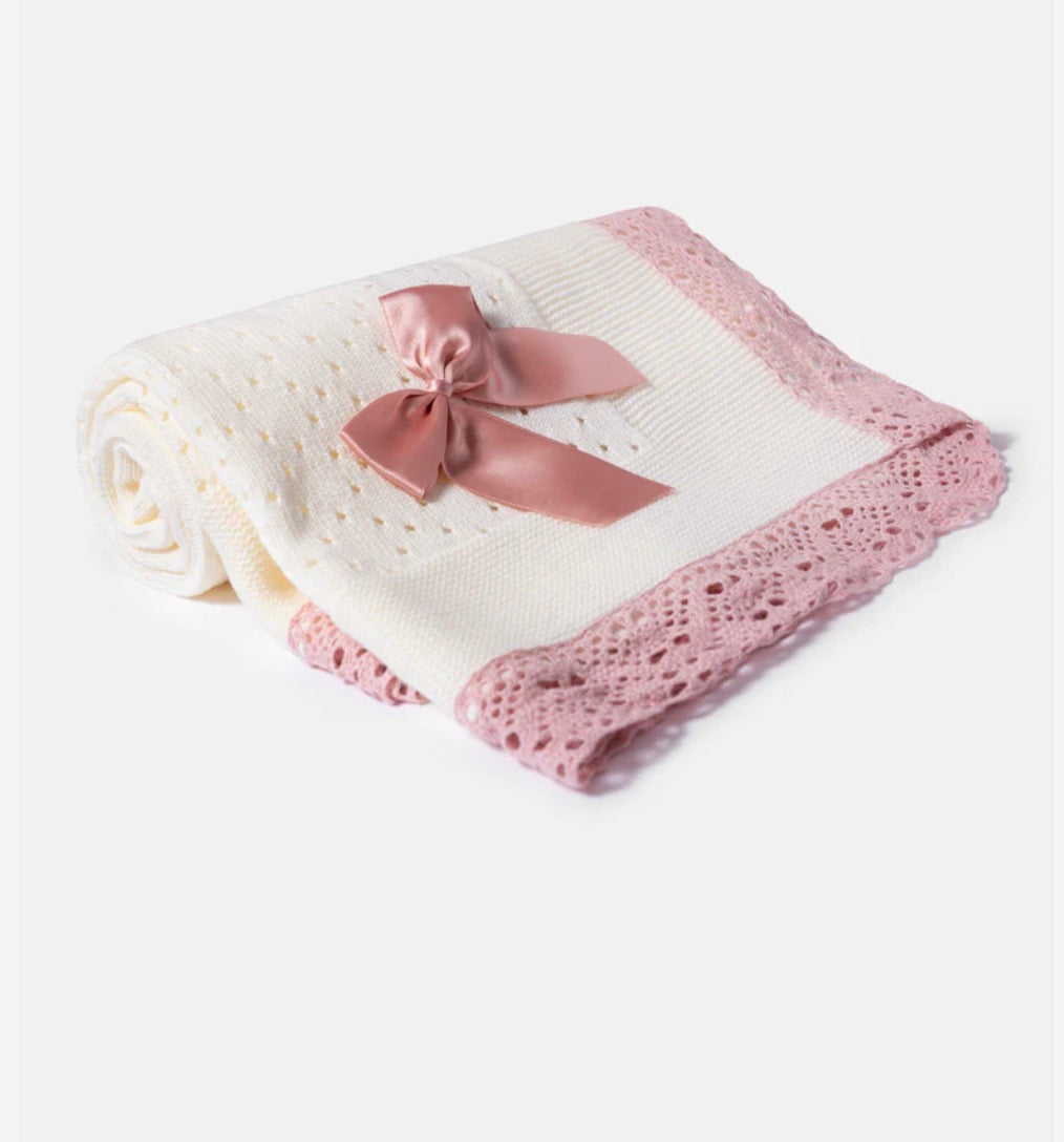 Baby Open Dot Knitted Spanish Blanket with Bow - Ivory & Dusty Pink