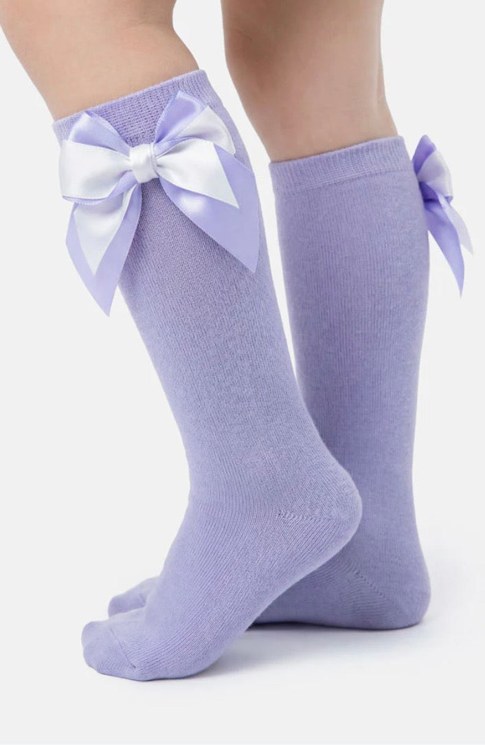 Baby Girl Knee Socks with Satin Double Bow - Lilac, Lilac & White
