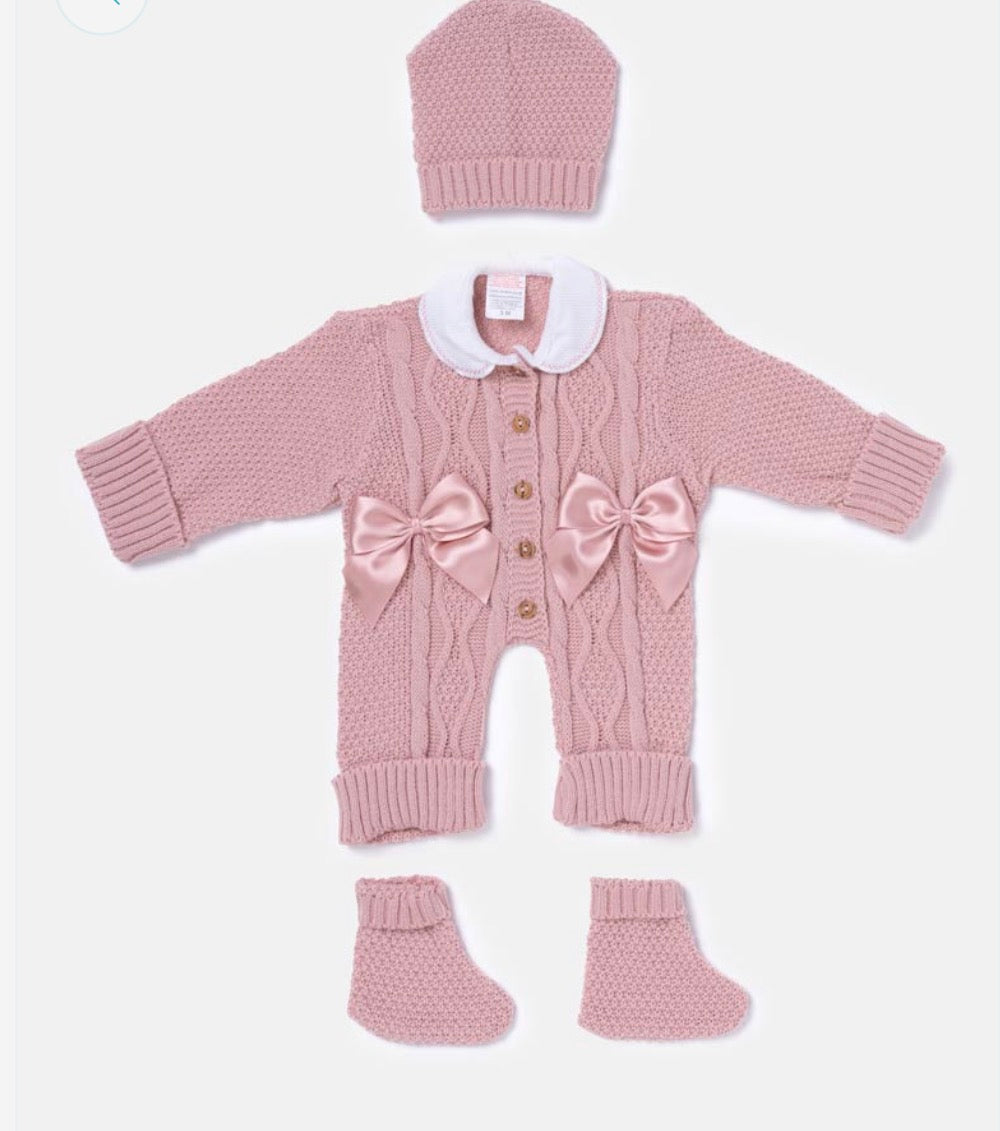 Baby Girl All-In-One Knitted 3-Piece Set with Bows - Rose Pink