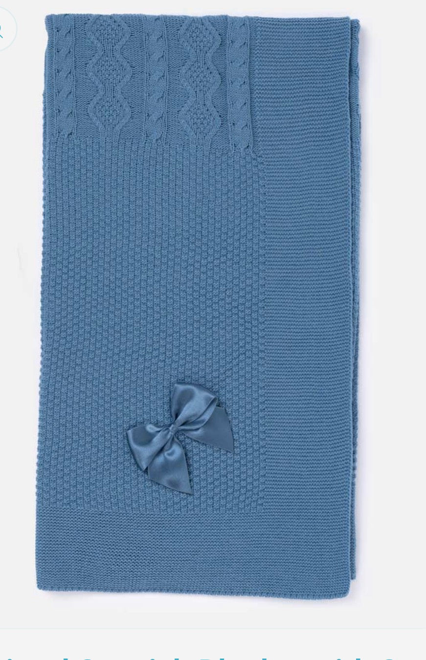 Baby Knitted Spanish Blanket with Satin Bow - Blue