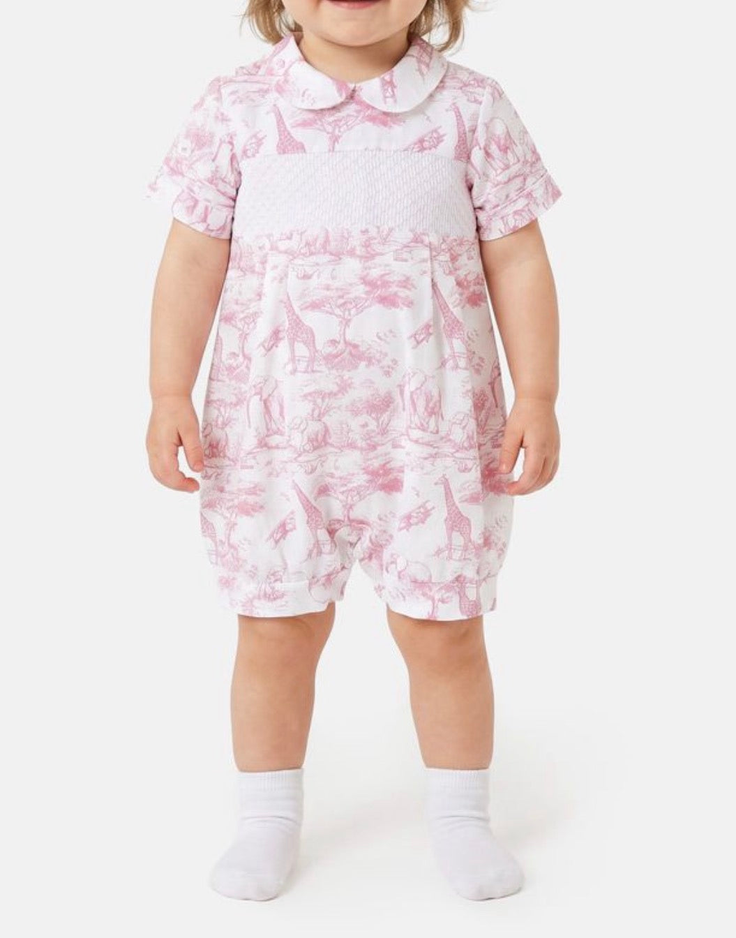 UNISEX - Safari Smocked Romper - Baby Pink
