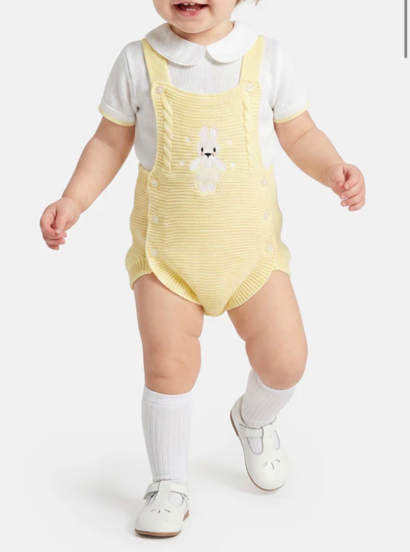 Baby 2-piece Knitted Romper Set With Bunny - Lemon Yellow & White