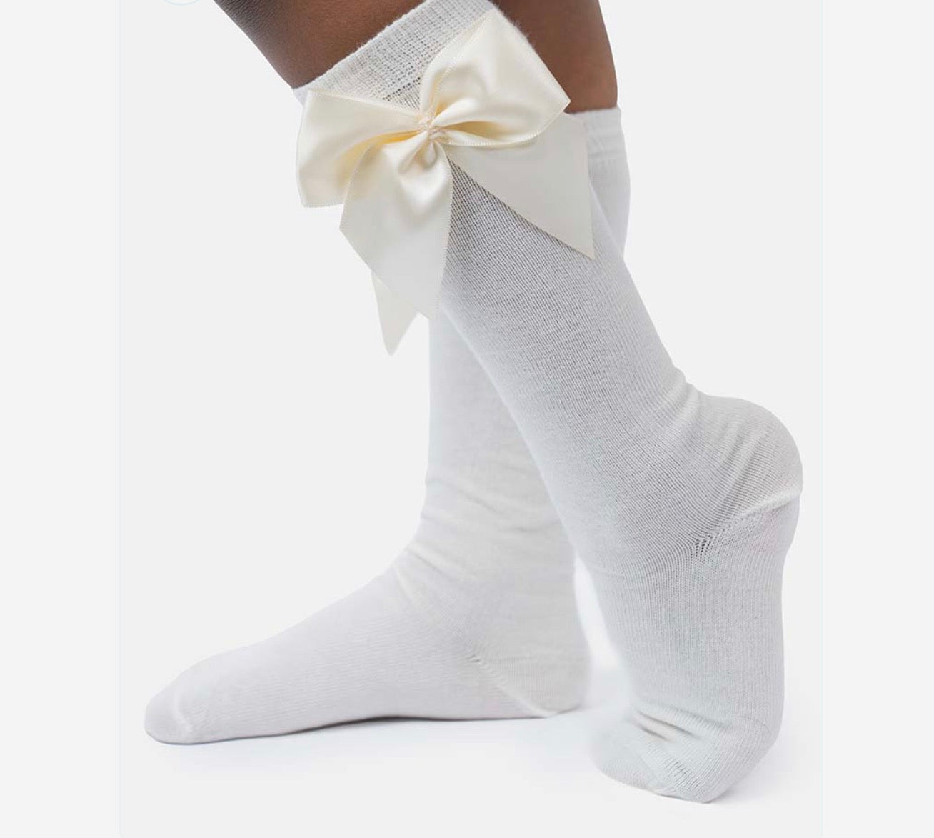 Vibrant Big Satin Bow Knee Socks - Cream/Ivory