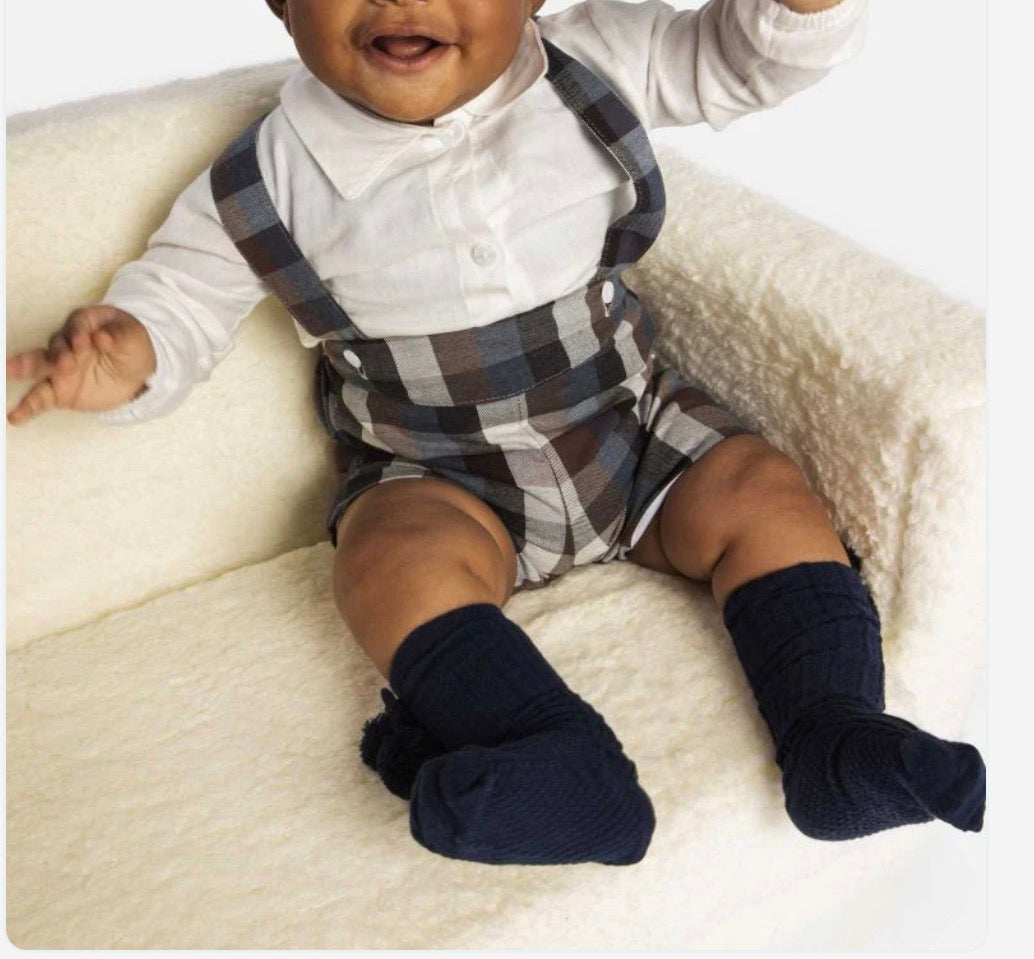 Baby Boy Luxury Tartan Romper with white shirt - Navy Blue