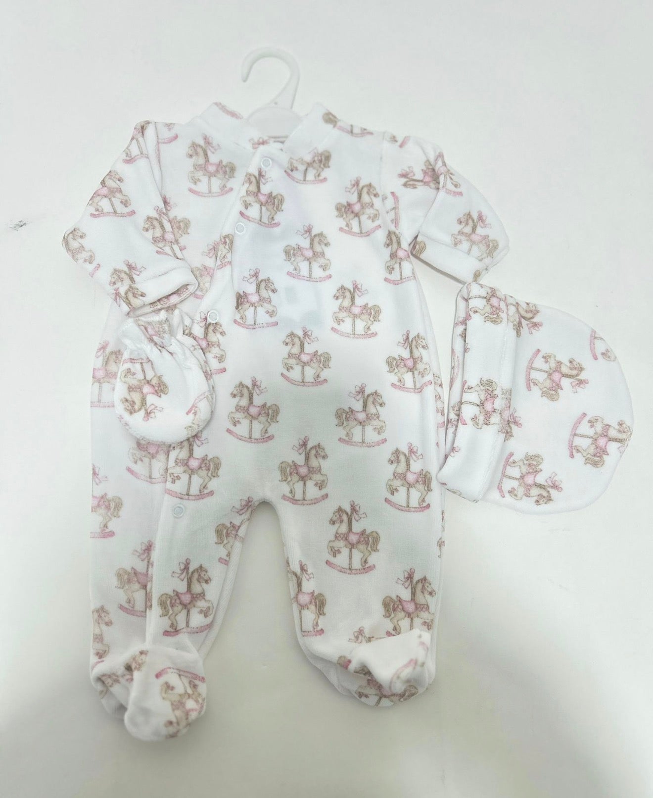 3 Pieces - Rocking Horse Collection Baby Grow, Hat & Mittens - Pink