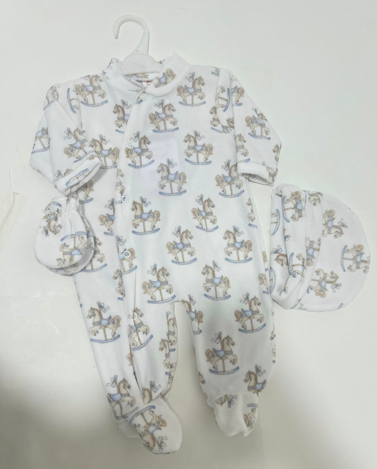3 Pieces - Rocking Horse Collection Baby Grow, Hat & Mittens - Baby Blue
