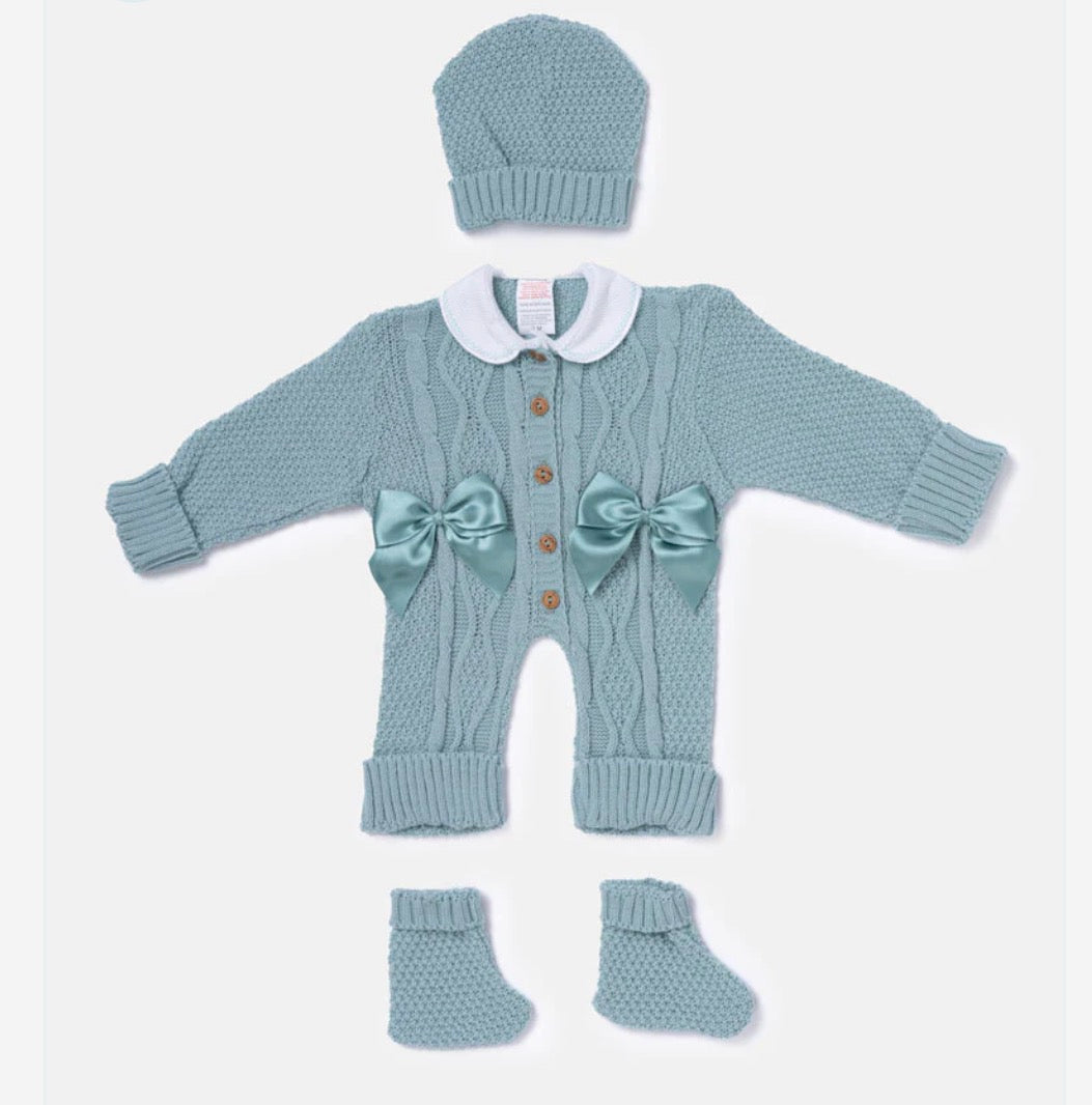 Baby All-In-One Knitted 3-Piece Set with Bows - Mint Green