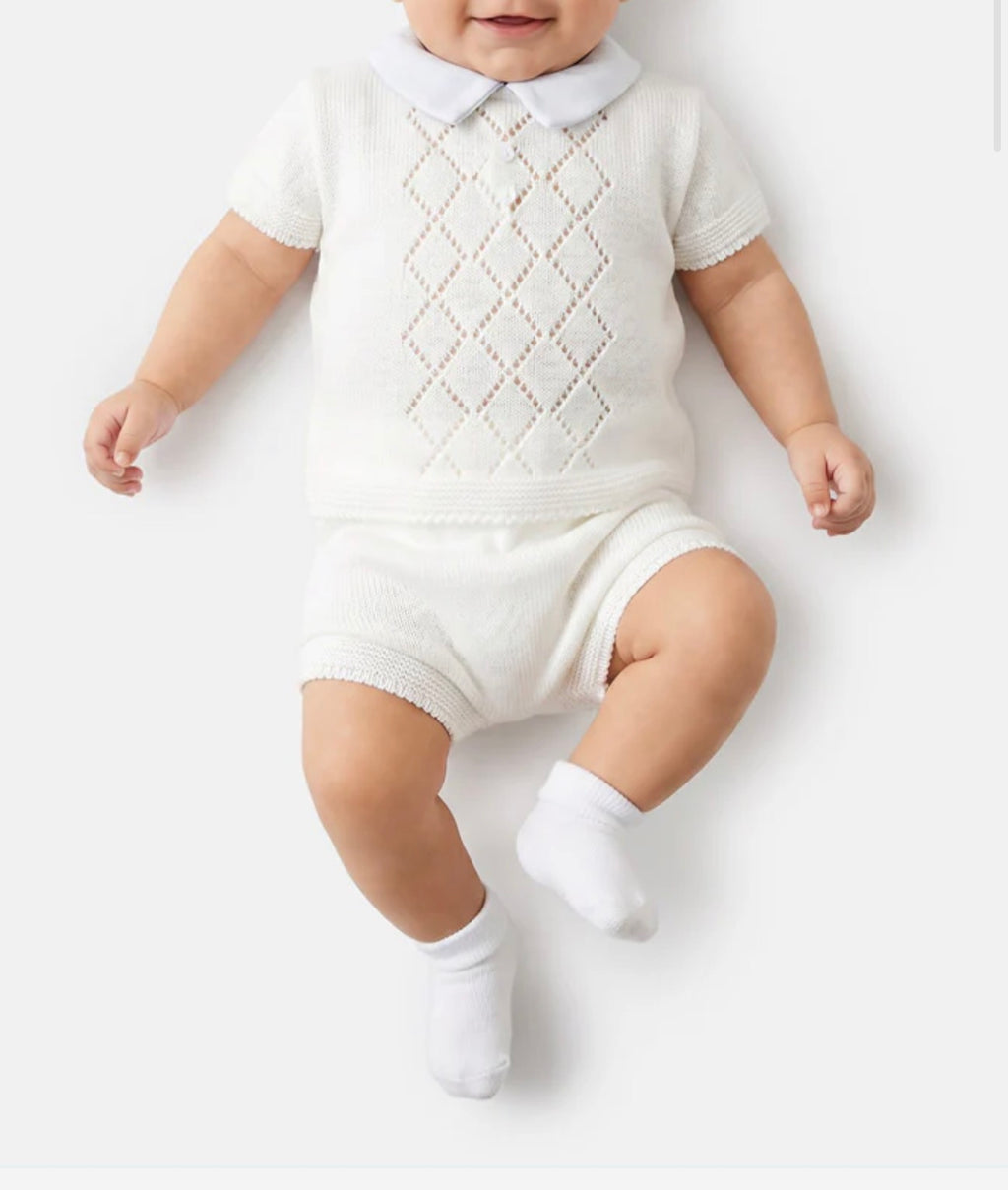 Baby Boy Diamond Eyelet Knit 3-Piece Gift Box Set - White