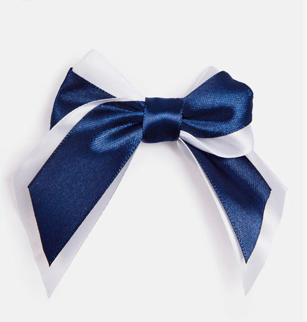 Baby Girl Satin Double Bow Hairclip - Navy Blue & White