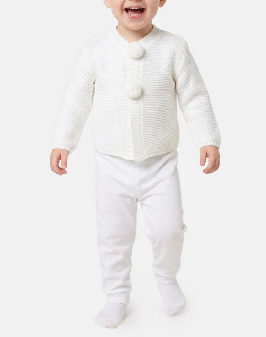 Baby Boy Knitted Cardigan with Pom-Poms - Ivory