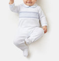 Cotton Baby Grow with Smocked Detail - White & Baby Blue