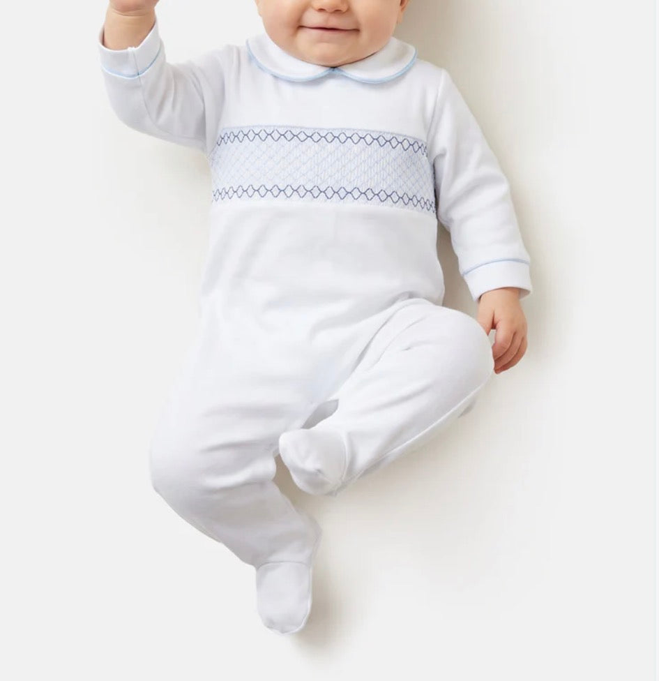 Cotton Baby Grow with Smocked Detail - White & Baby Blue
