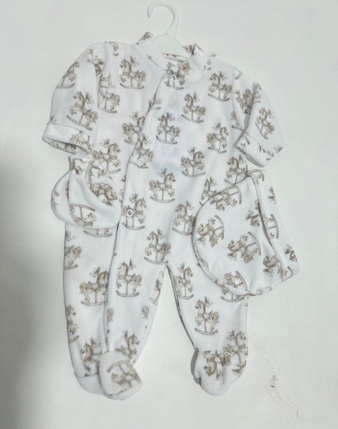 3 Pieces - Rocking Horse Collection Baby Grow, Hat & Mittens - Beige