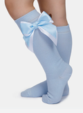 Baby Girl Knee Socks with Satin Double Bow - Baby Blue & White