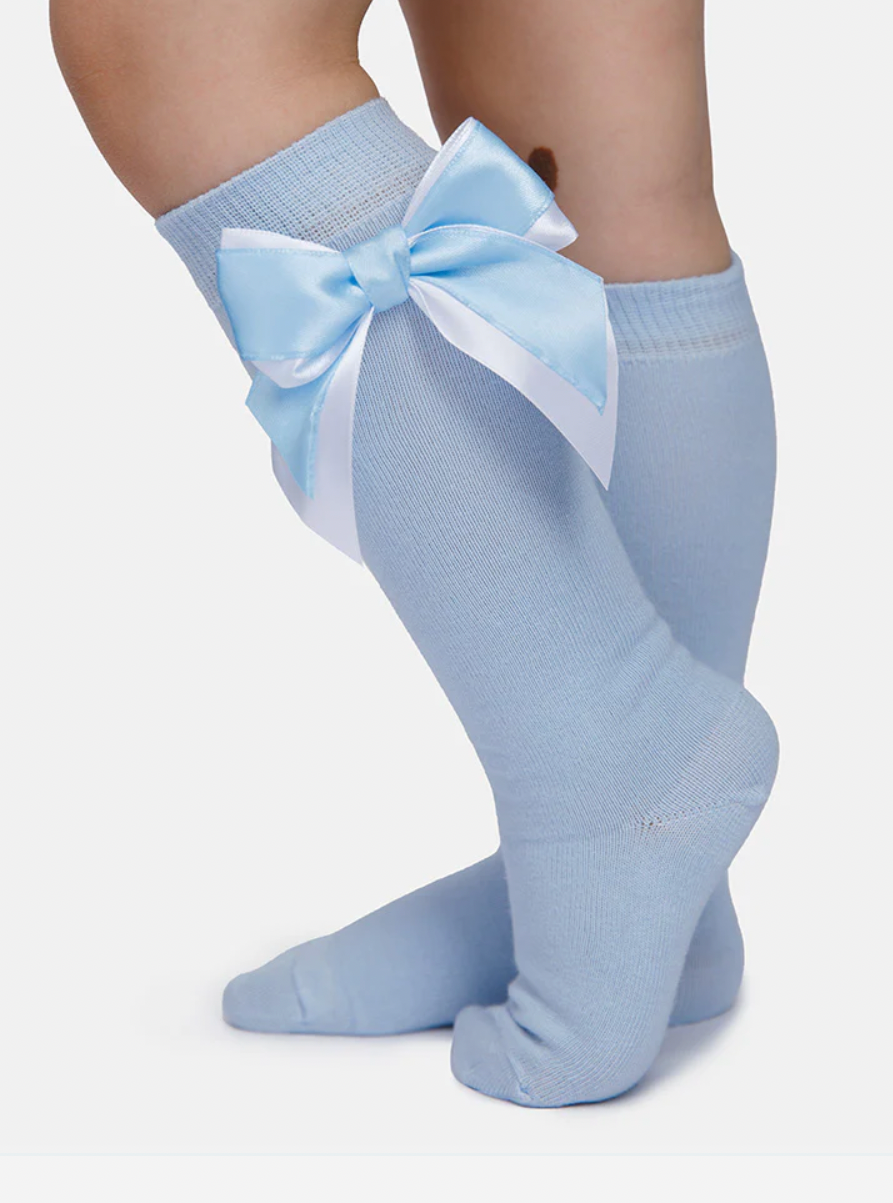 Baby Girl Knee Socks with Satin Double Bow - Baby Blue & White