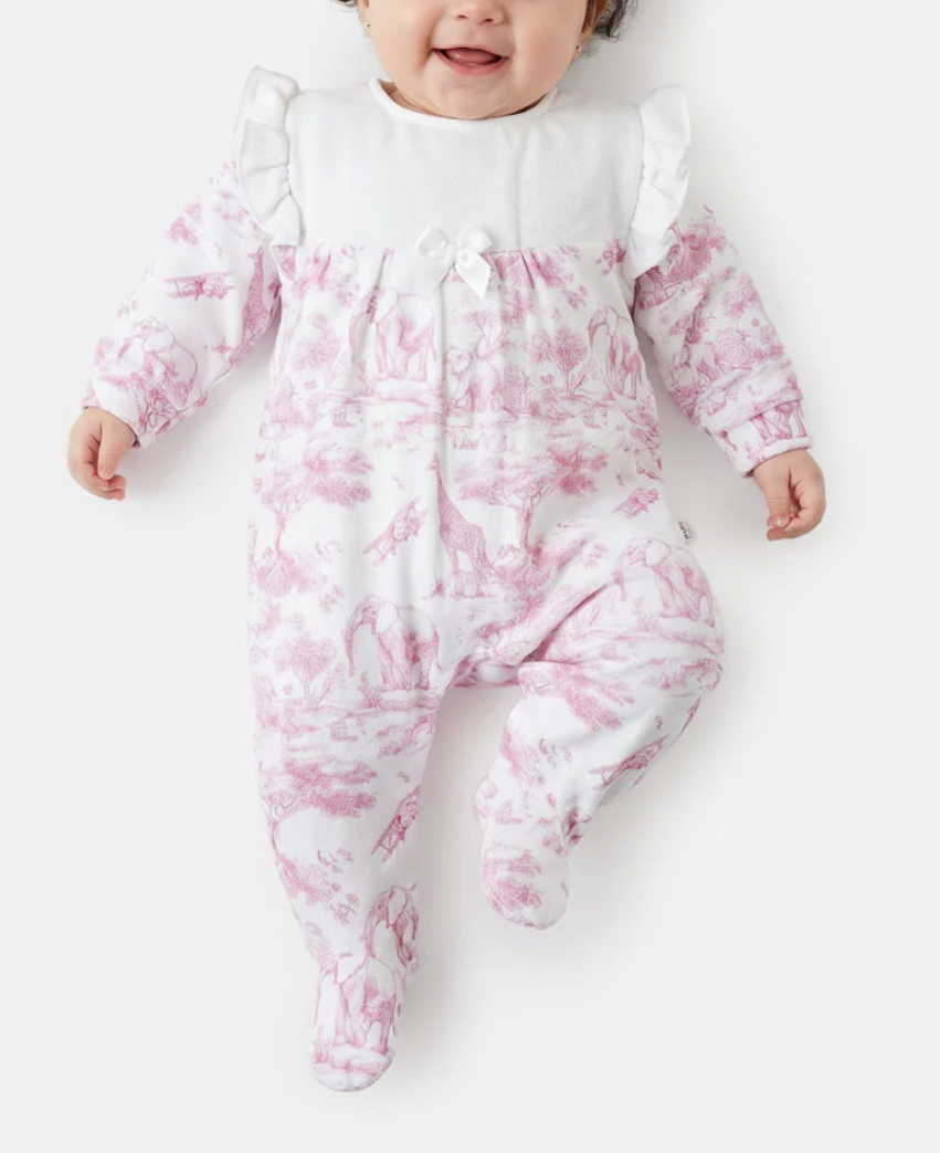 Safari Style Velour Baby Grow with Frills - Baby Pink