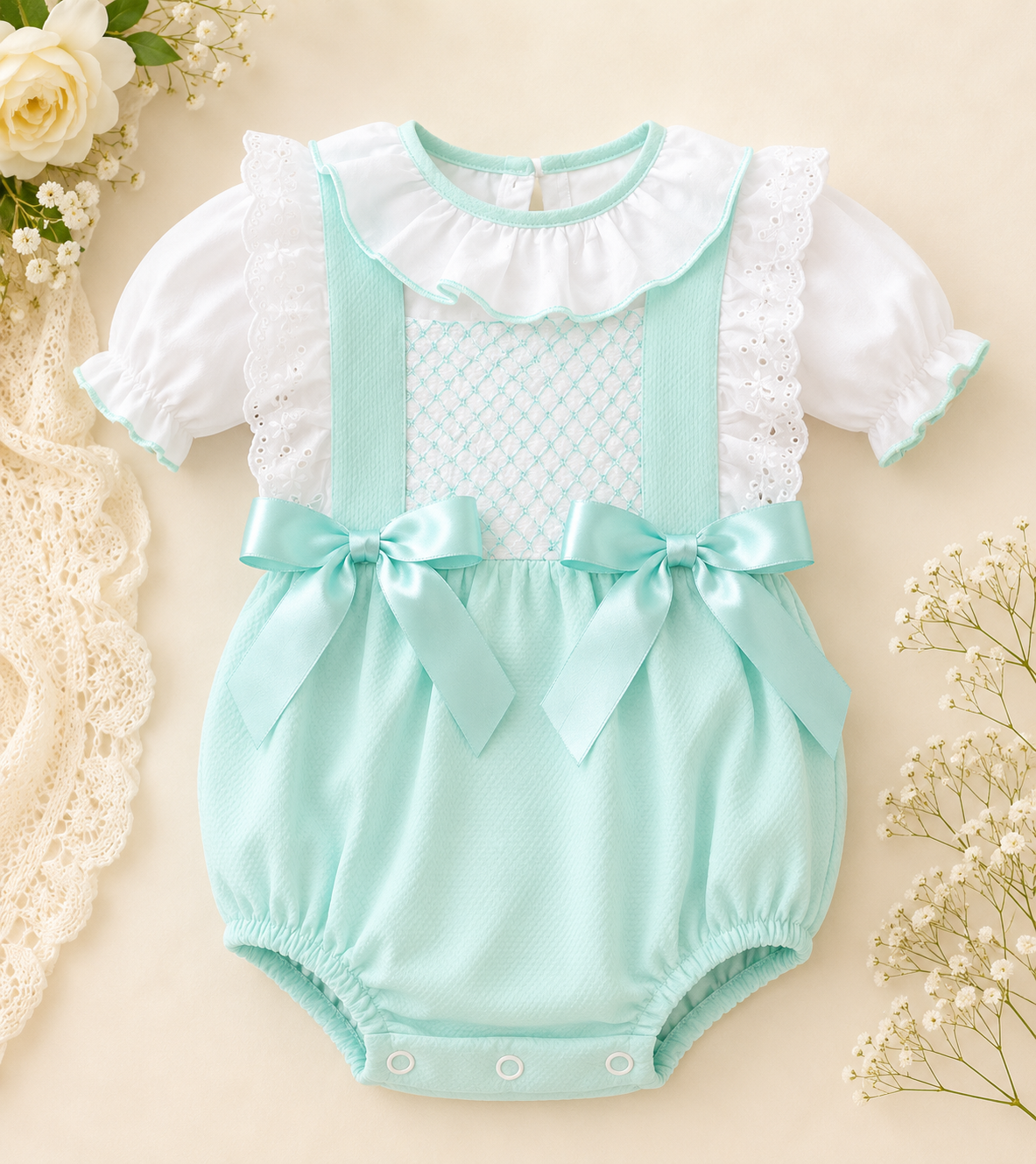 Elodie Mint Lace Bow Romper